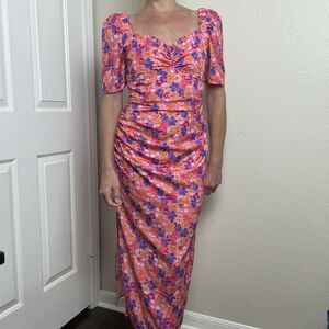 Fore Floral Ruffled Sweetheart Ruched Midi Dress Fuchsia Pink Medium